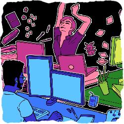Flats: A commission for the Seattle Indies, depicting three game developers floating with their desks as they make a game together. October 2022.